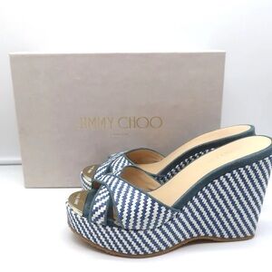 JIMMY CHOO PLATFORM WEDGE SANDALS BLUE WOVEN RAFFIA SIZE 38.5
